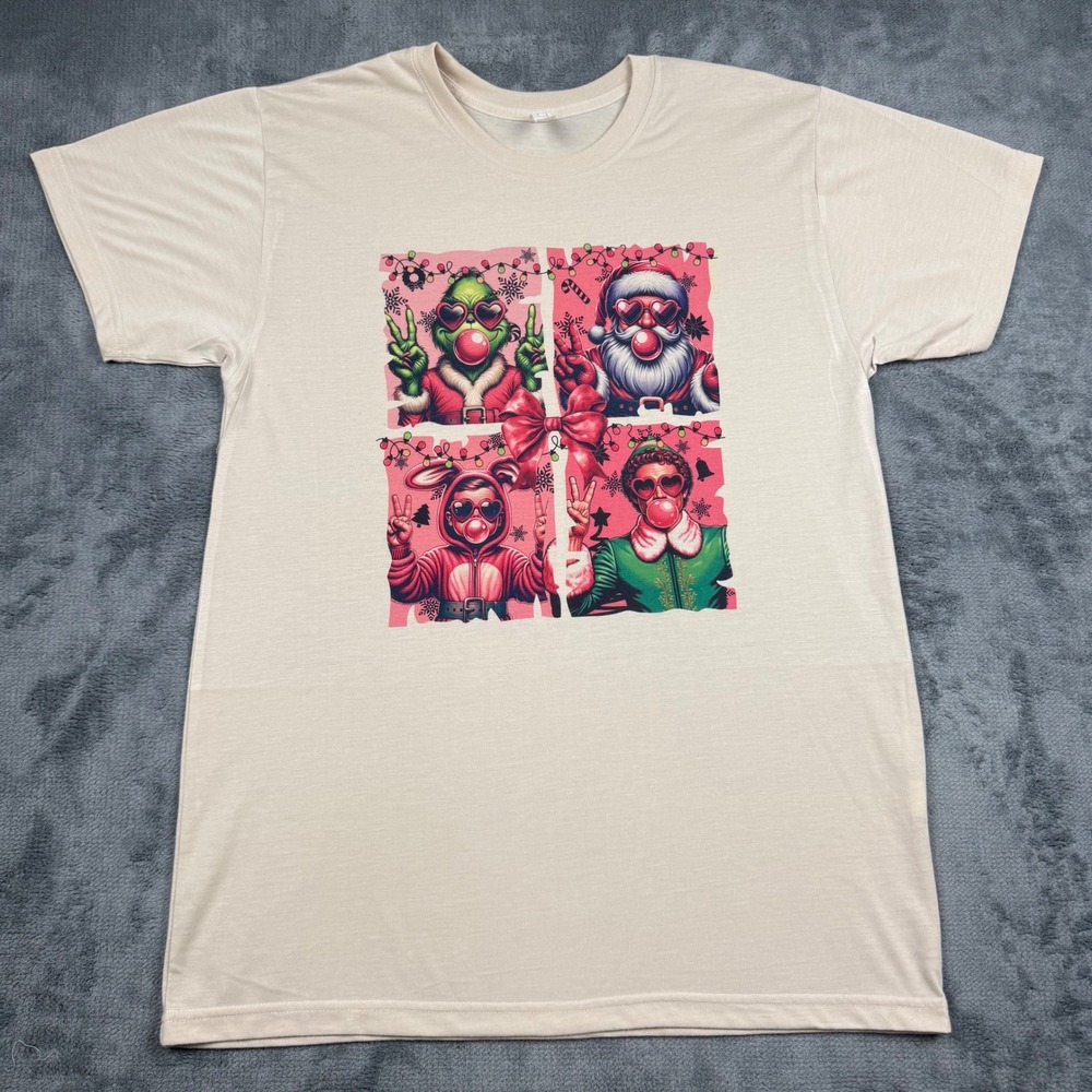 Christmas Movie Characters Bubblegum Graphic T-Shirt Tan Large Grinch Elf Santa